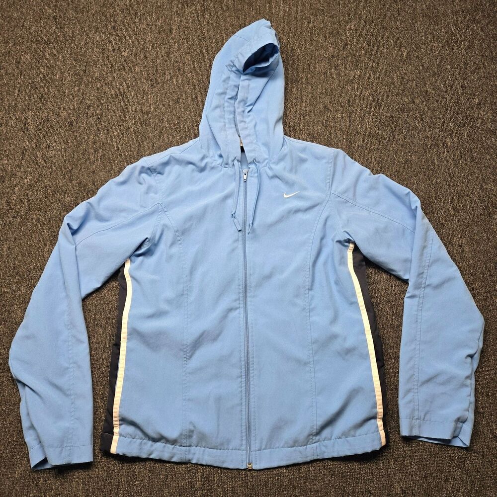 Nike Hoodie Jacket Light Blue Full Zip Women’s S Navy Stripes Pockets Athletic